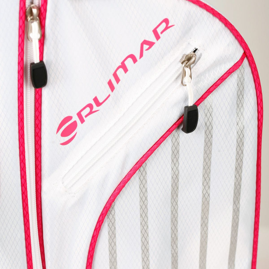 side zippered pockets on a white/pink Orlimar ATS Junior Golf Bag