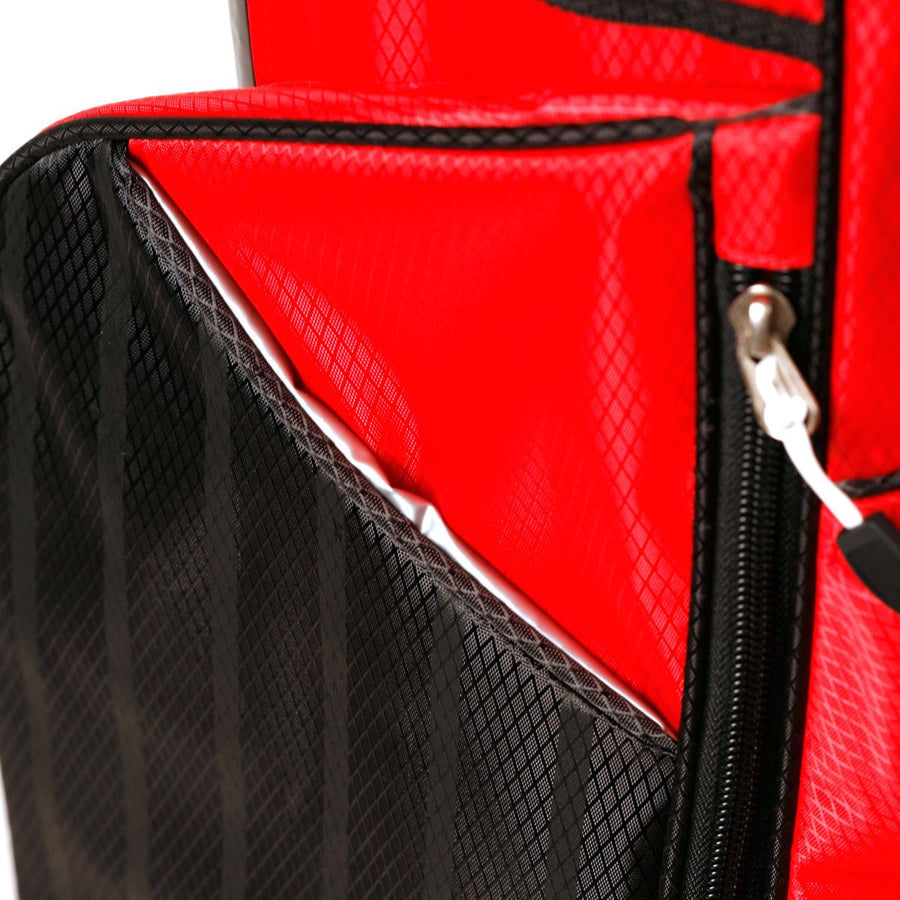 side pocket on a black/red Orlimar ATS Junior Golf Bag