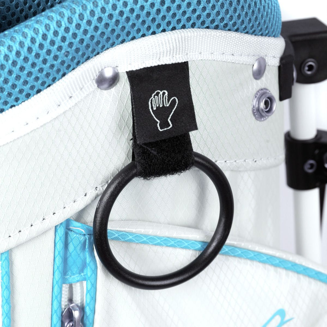 Velcro glove holder and towel ring on a white/sky blue Orlimar ATS Junior Golf Bag