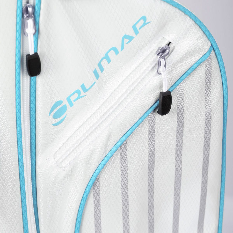 side zippered pockets on a white/sky blue Orlimar ATS Junior Golf Bag