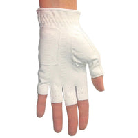 palm view of a woman's left hand waering an Orlimar Allante Half-Finger Golf Glove