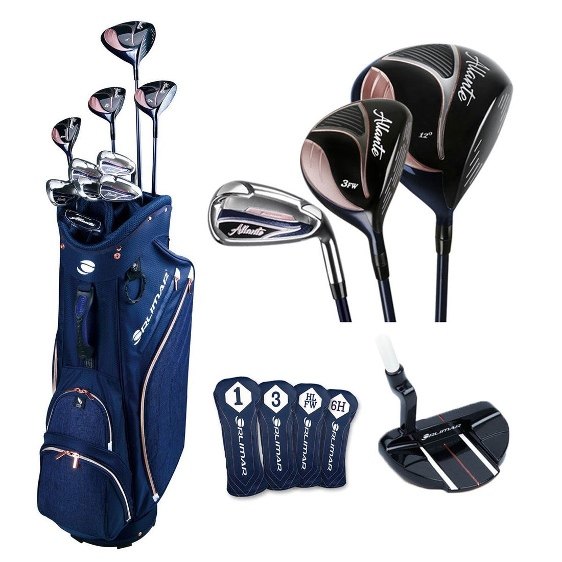 Orlimar Allante Ladies blue golf cart bag with 10 golf clubs, Orlimar Allante iron, 