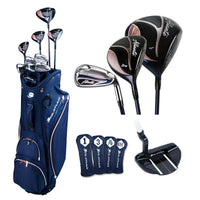 Orlimar Allante Ladies blue golf cart bag with 10 golf clubs, Orlimar Allante iron, #3 wood, driver, 4 blue headcovers and Allante mallet putter