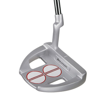 angled top and rear view of a right handed silver Orlimar F75 Putter with two half circle alignment guides