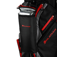 Removeable cooler bag with cans inside on the black/red Orlimar CRX Cooler Cart bag