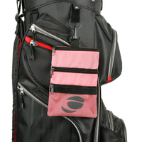 rose pink Orlimar Golf Detachable Accessory Pouch attached to a black golf bag with clip