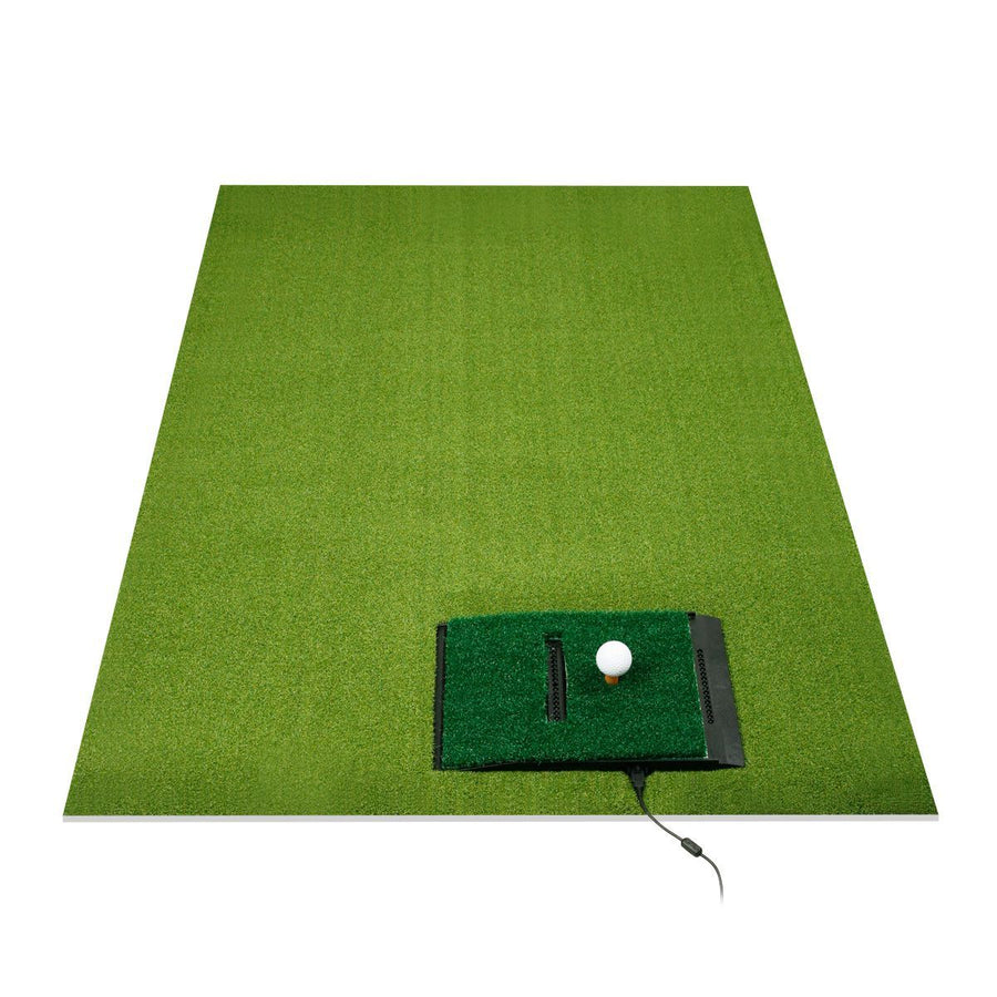 top view of an Orlimar Golf Mat with the Optishot 2 In-Home Golf Simulator in the pre-cut hole