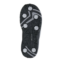 sole view of a dark grey men's right Orlimar Golf Sandal with Replaceable Spikes