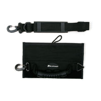 unfolded black Orlimar Grab 'n Go Portable Golf Club Carrier and optional matching shoulder strap above it