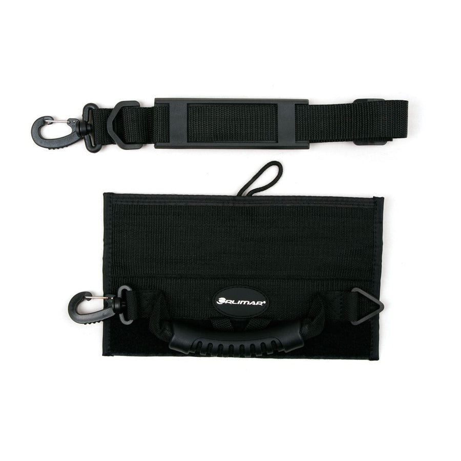 unfolded black Orlimar Grab 'n Go Portable Golf Club Carrier and optional matching shoulder strap above it