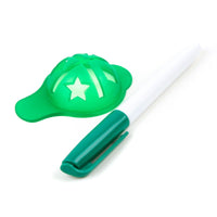 green Orlimar Line 'em Up Golf Ball Marker stencil tool next to green and white Sharpie pen