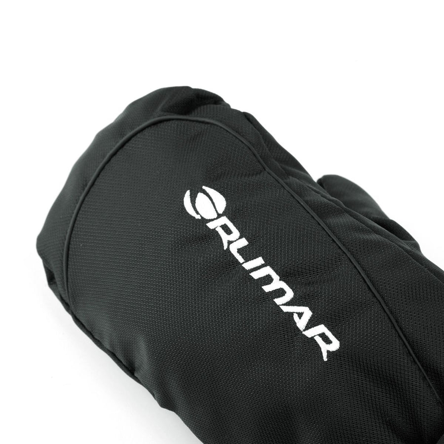 up close view of Orlimar embroidered on the top of a left hand Orlimar Men's Thermal Golf Cart Mitten
