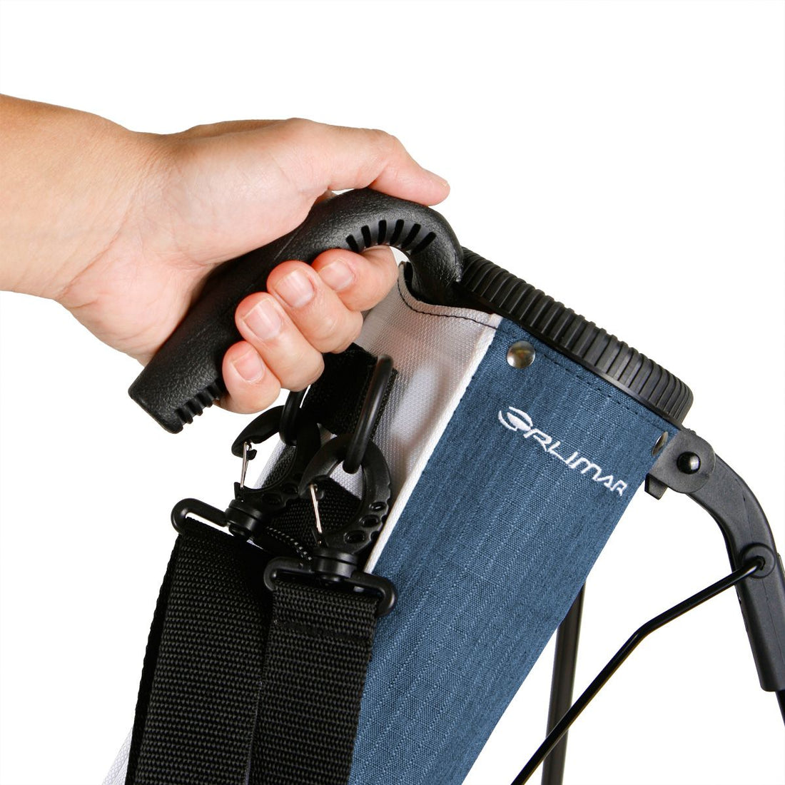 a person’s left hand holding the carry handle on an azure blue Orlimar Pitch &