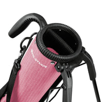 angled top view of blush pink plaid Orlimar Pitch 'N Putt Lightweight Stand Carry Bag with 2-way divider top and carry handle