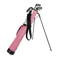 blush pink plaid Orlimar Pitch 'N Putt Lightweight Stand Carry Bag with stand legs out and 3 golf clubs inside