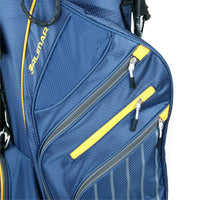 zippered side pockets on a blue/yellow Orlimar SRX 14.9 Golf Stand Bag