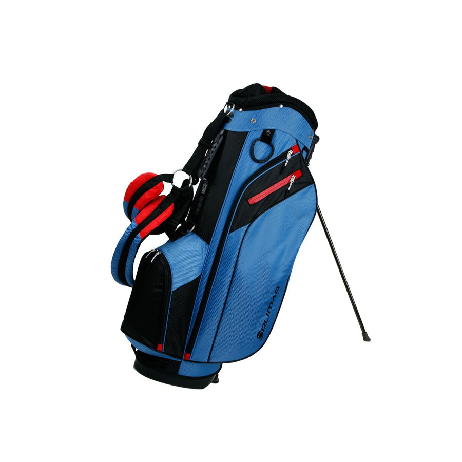 Blue/Red Orlimar SRX 7.4 Golf Stand Bag with leg extended