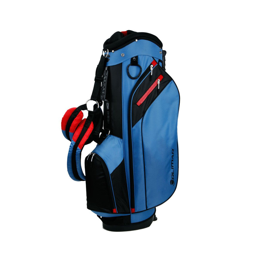 angled side and front view of an Orlimar SRX 7.4 Blue/Red Golf Stand Bag