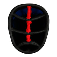top view the 7-way divider top on an Orlimar SRX 7.4 Blue/Red Golf Stand Bag