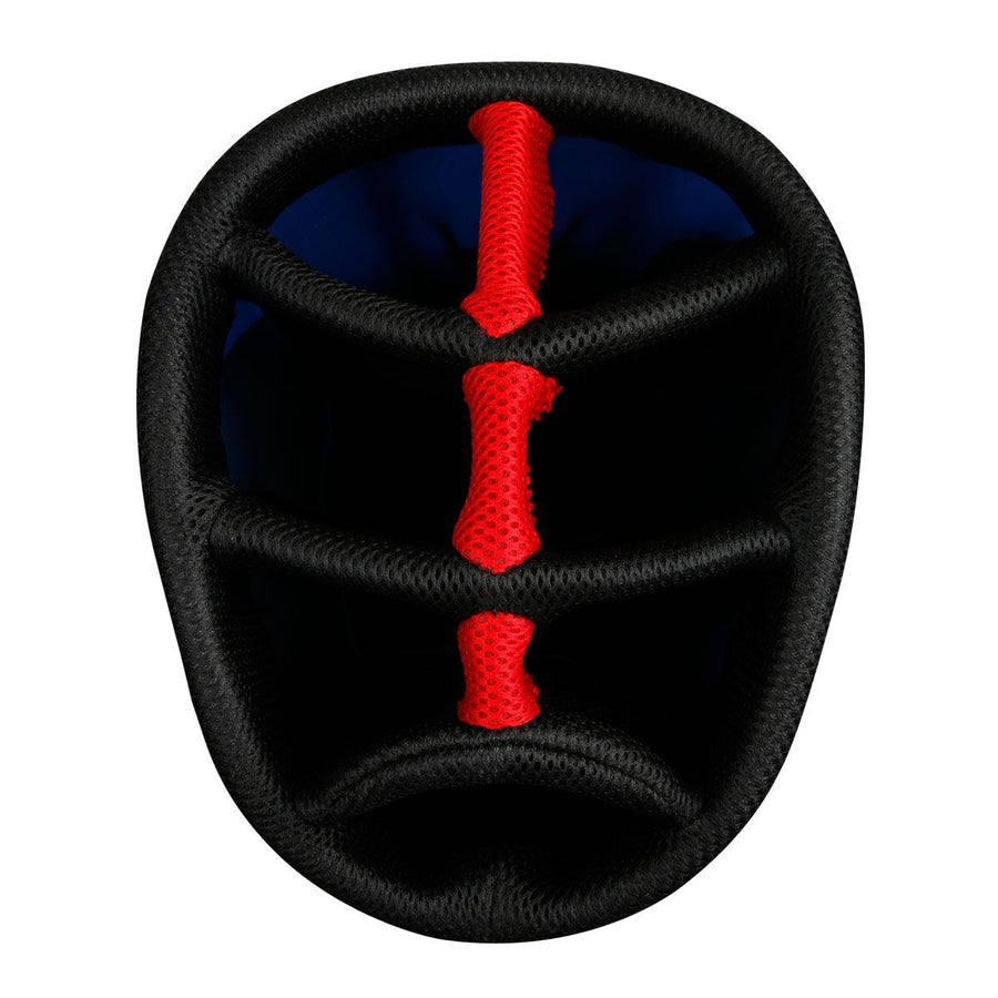 top view the 7-way divider top on an Orlimar SRX 7.4 Blue/Red Golf Stand Bag