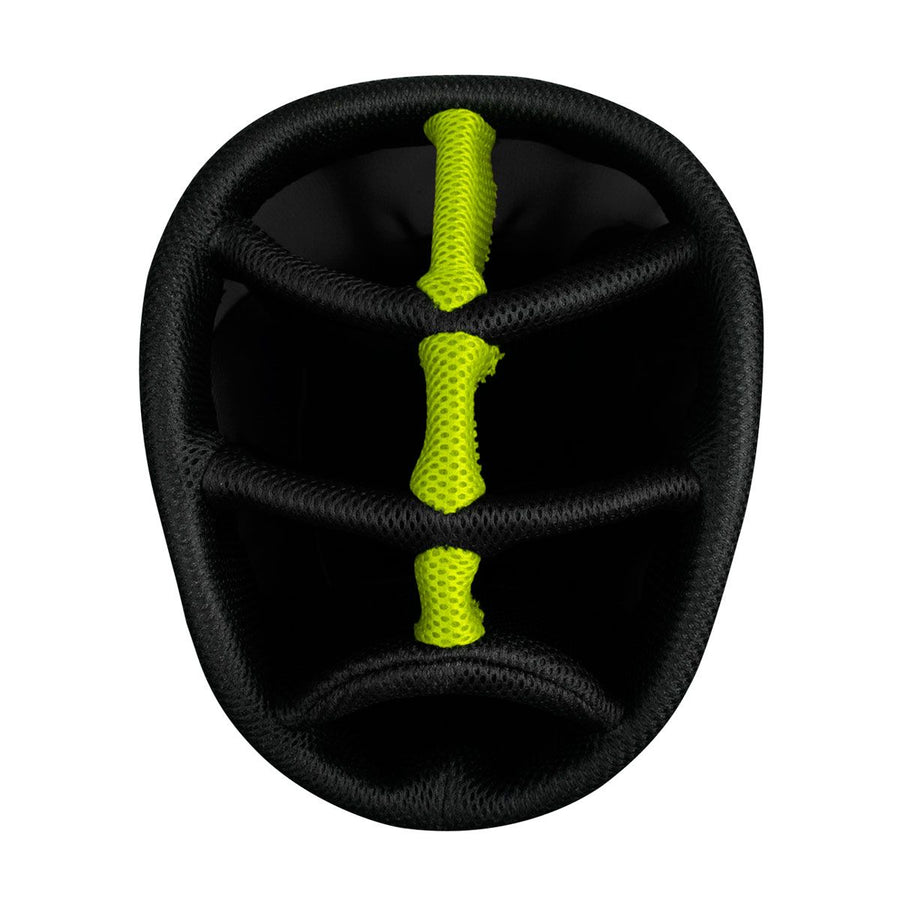 top view the 7-way divider top on an Orlimar SRX 7.4 Charcoal/Lime Golf Stand Bag