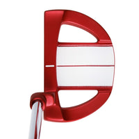 top view of a red Orlimar Tangent T1 Mallet Putter with contrasting white back cavity and single red alignment line