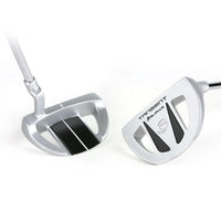 angled top and angled sole view of a pair of silver Orlimar Tangent T1 Mallet Putters