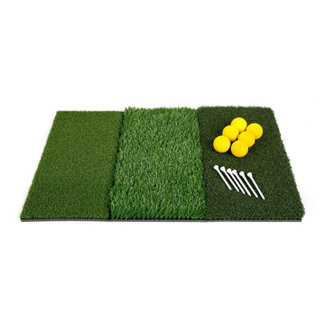 top angled view of an Orlimar Triple Surface Golf Hitting Mat with 6 yellow foam practice golf balls and 6 white golf tees
