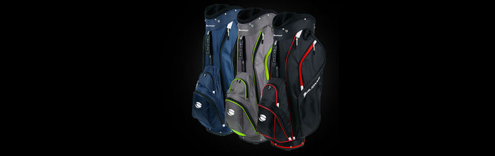 angled side and front views of 3 Orlimar CRX 14.6 Golf Stand Bags, navy (right), charcoal/lime (center), black (right)