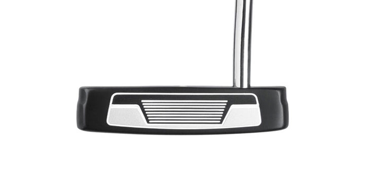 face view of a black Orlimar F70 Putter with black and white face insert and steel putter shaft coming straight up out of the head