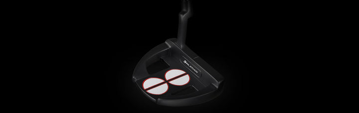 angled top and rear view of a right handed black Orlimar F75 Mallet Putter with two half circle alignment guides