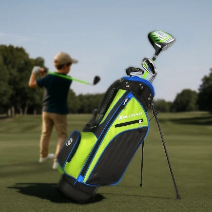 ATS Junior Lime/Blue ggolf set on a golf course, person in the background
