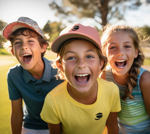 3 young junior golfers screaming with the one in the center with an Orlimar logo shirt and hat