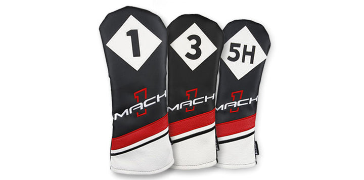 black, red and white Mach 1 driver, #3 wood and #5 hybrid headcovers