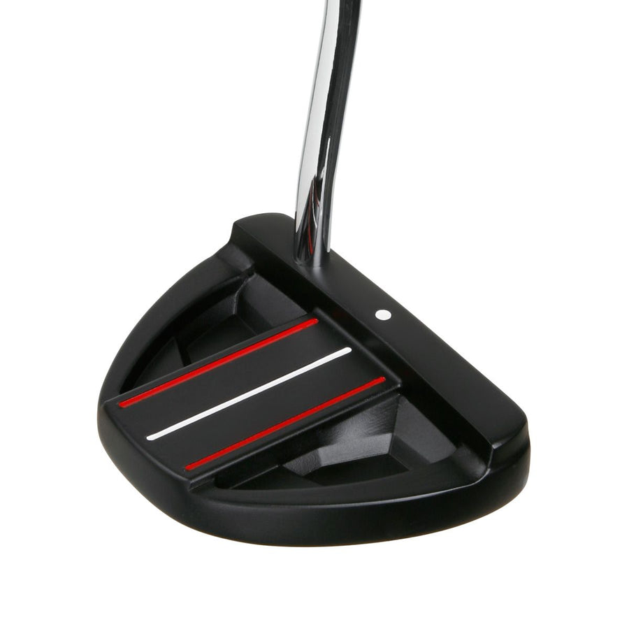 angled top and rear view of a right handed black Orlimar F70 Putter with 3 alignment lines and single alignment dot