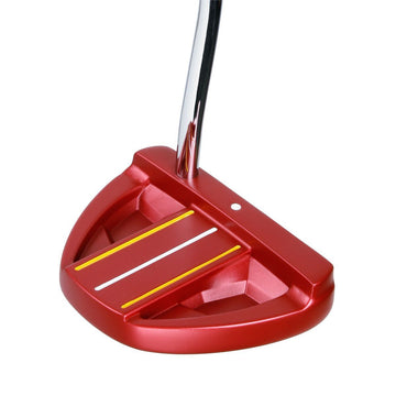 angled top and rear view of a right handed red Orlimar F70 Putter with 3 alignment lines and single alignment dot
