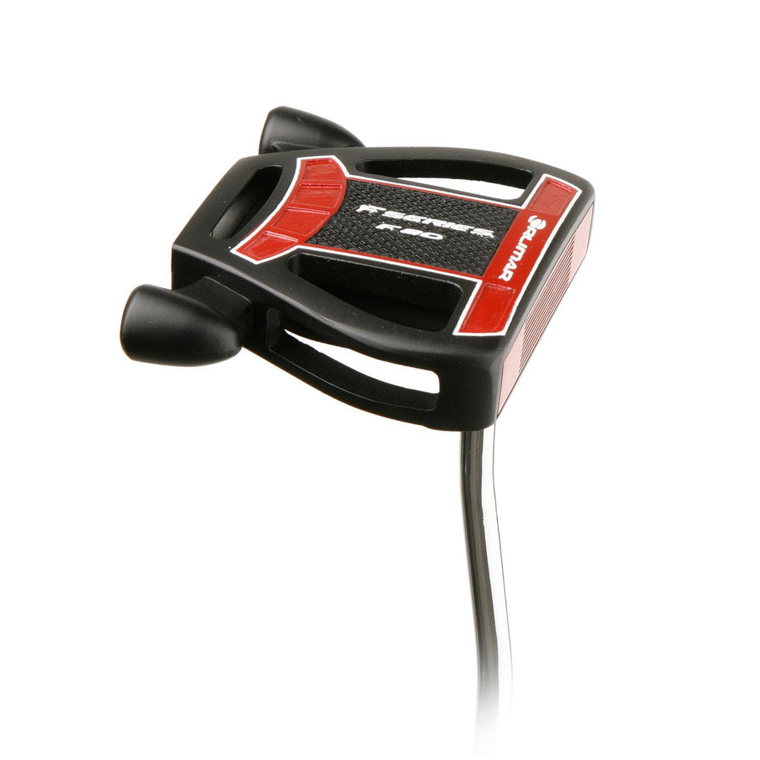 angled sole and face view of a right handed black/red Orlimar F80 Putter with a face insert with scorelines and curved steel putter shaft