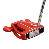 angled top and face view of a right handed red Orlimar F80 Putter with a black face insert with scorelines