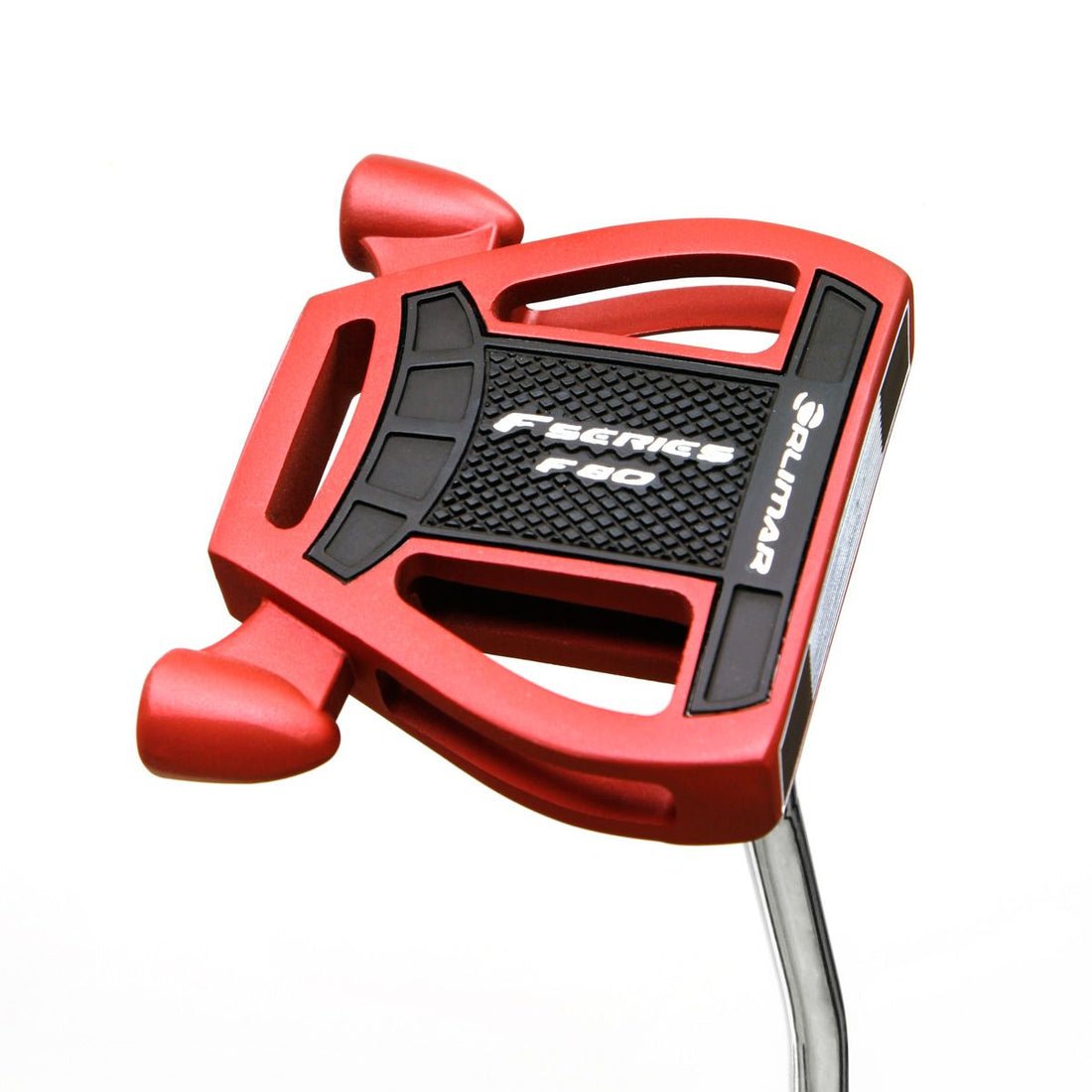 angled sole and face view of a right handed red/black Orlimar F80 Putter with a face insert with white scorelines