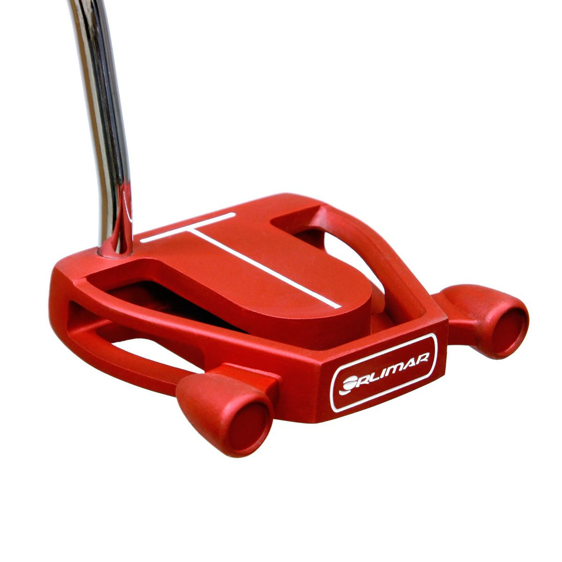 alternative angled top and rear view of a right handed red Orlimar F80 Putter with a T-shaped sight line and curved putter shaft