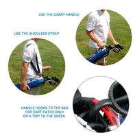 collage of the 3 ways to use the Orlimar Pitch 'N Putt Lightweight Stand Carry Bag - 1. Carry handle, 2. Shoulder strap, 3. handle hooks to golf bag for cart paths only or a trip to the green
