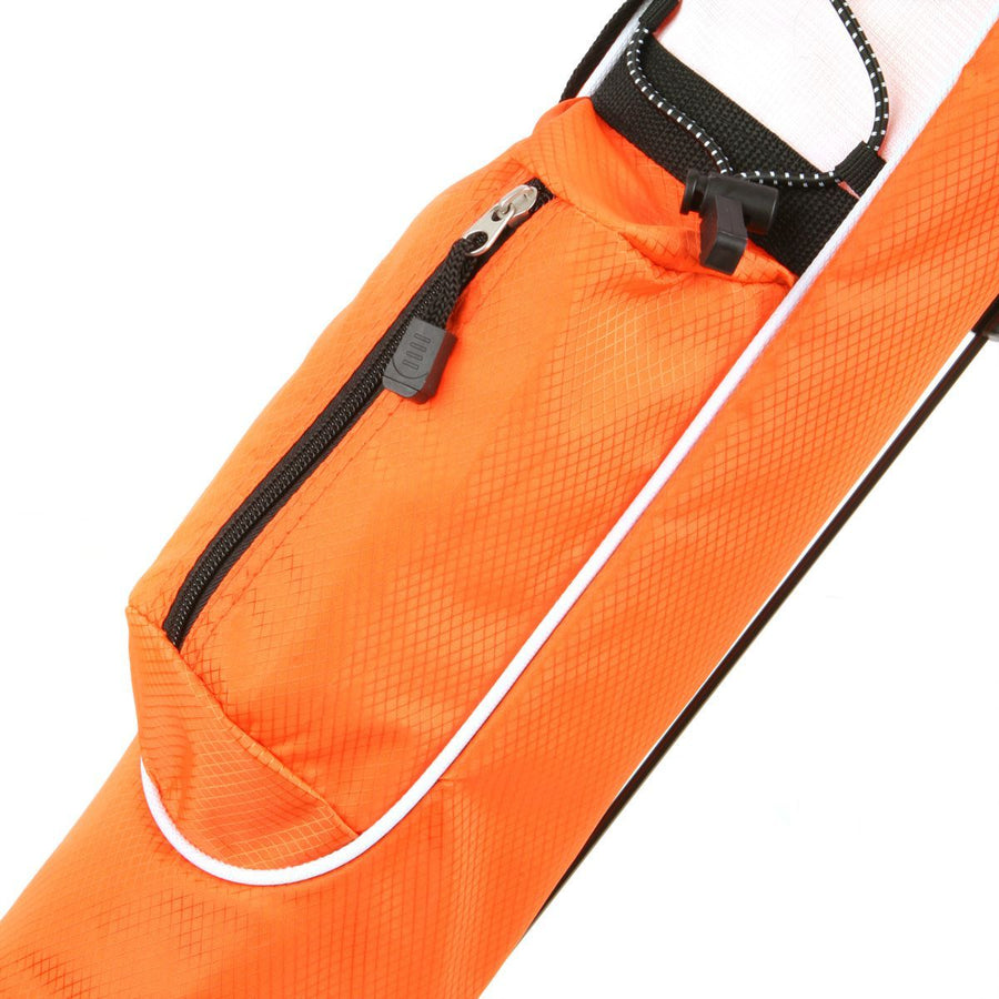 zippered accessories pocket on an orange Orlimar Pitch 'N Putt Lightweight Stand Carry Bag