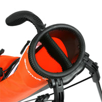 angled top view of orange Orlimar Pitch 'N Putt Lightweight Stand Carry Bag with 2-way divider top and carry handle
