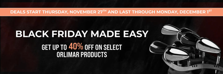 Black Friday promotional banner with golf clubs and text on a dark background