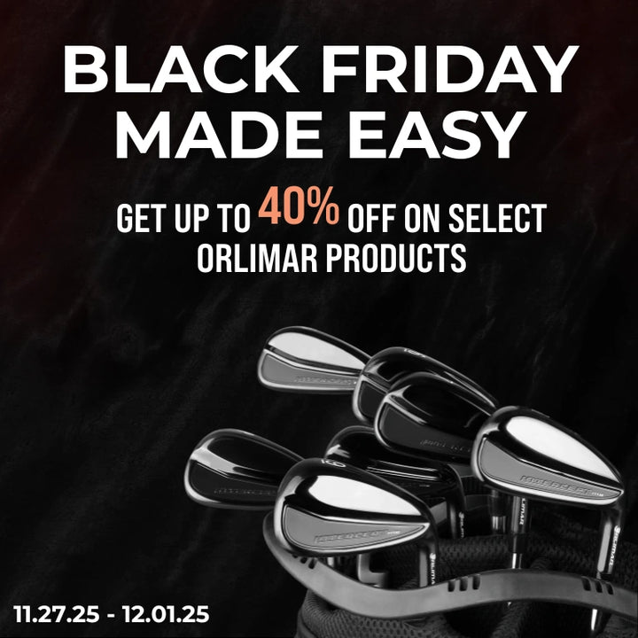 Promotional graphic for Black Friday sale on Orlimar products with golf clubs displayed.