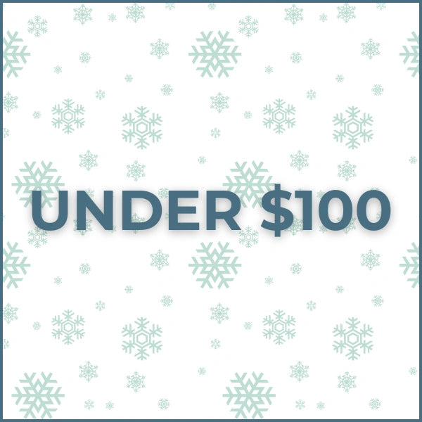 Text 'UNDER $100' on a background with snowflake patterns