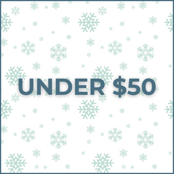 Text 'UNDER $50' with snowflake pattern on a light blue background