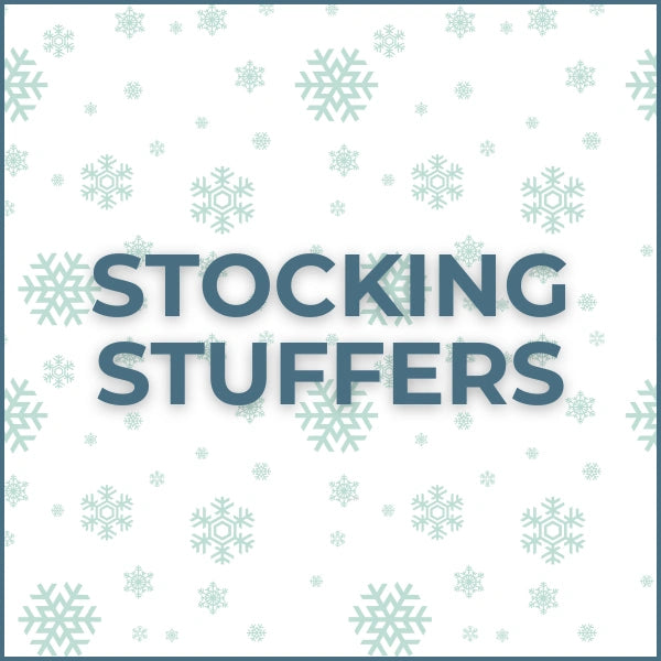 Text 'STOCKING STUFFERS' with snowflake pattern on a white background
