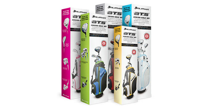 Five different colors and sizes of Orlimar ATS Junior Golf Club Sets in their retail packaging