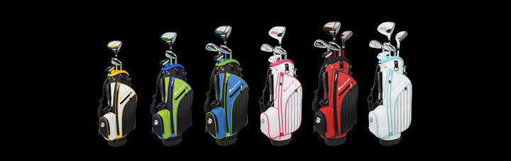 six different colors and sizes available of the Orlimar ATS Junior Golf Club Sets with stand bag